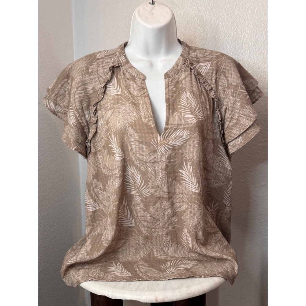 Greylin Resortwear Neutral Palm Leaf Print Blouse Ruffle Sleeve M earthy boho